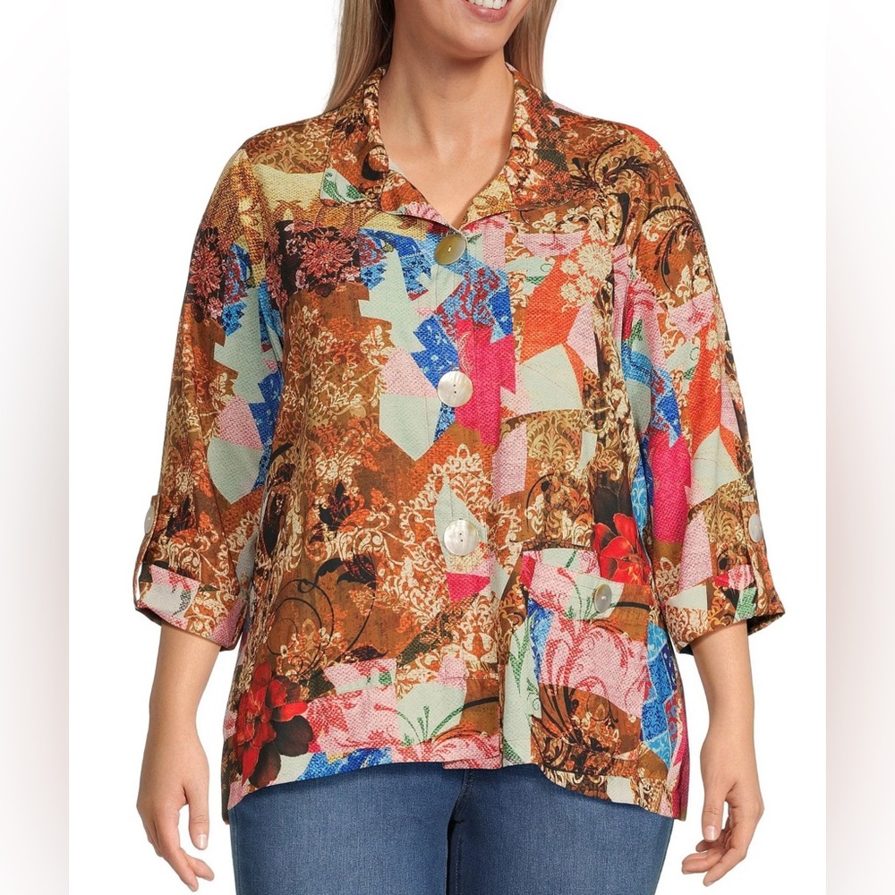 Ali Miles Abstract Artsy Print Button Front Tunic Top 3/4 Sleeve Size 2X NWT